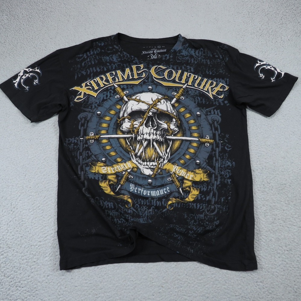 Xtreme Couture Mens 2XL Black Skull Graphic T-Shirt Y2K Skater Grunge Goth Biker